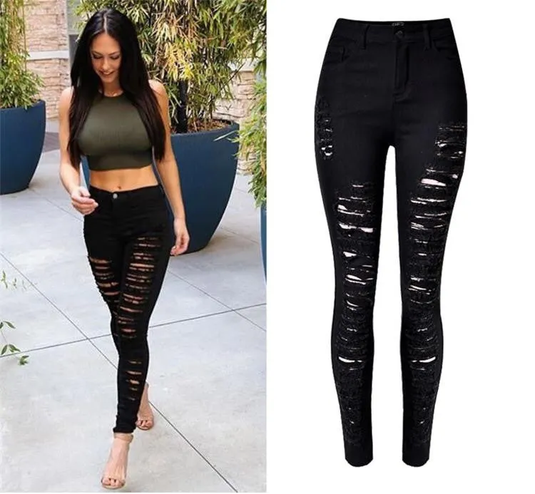 2016 New Summer Autumn Women's High Waist Ripped Jeans Individuality Summer Style Hole Black Hollow Out Tight Pencil Pants