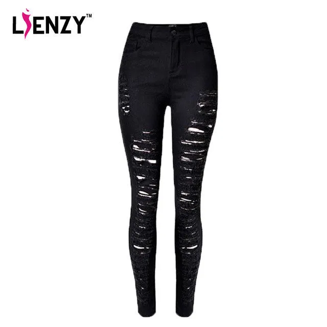 2016 New Summer Autumn Women's High Waist Ripped Jeans Individuality Summer Style Hole Black Hollow Out Tight Pencil Pants