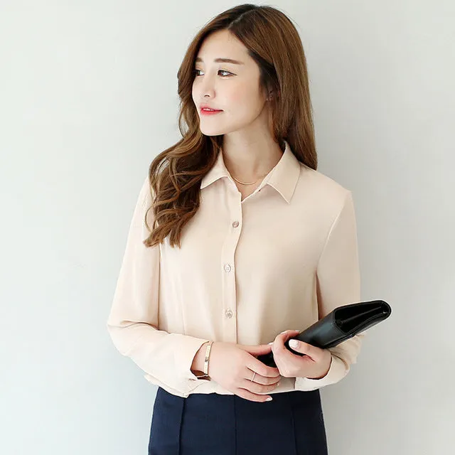 2017 Hot Sale Women Shirts Blouses Long Sleeve Turn-Down Collar Solid Ladies Chiffon Blouse Tops OL Office Style Chemise Femme