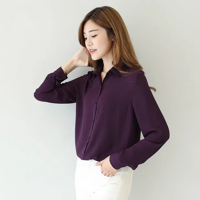 2017 Hot Sale Women Shirts Blouses Long Sleeve Turn-Down Collar Solid Ladies Chiffon Blouse Tops OL Office Style Chemise Femme