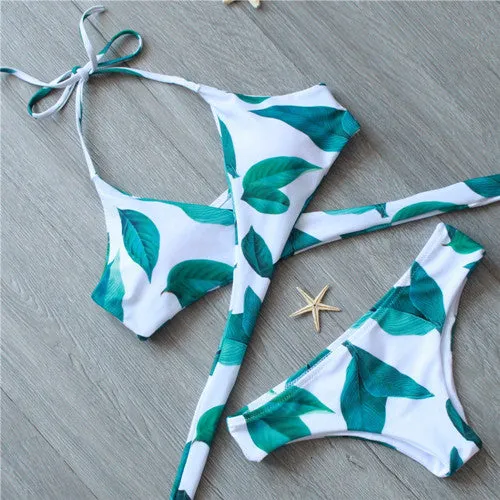 2017 Sexy Strappy Bikini Bandage Swimwear Leaves Tropical Swimsuit Retro Bikini Set Brazilian Bikinis Women Bathing Suit E968