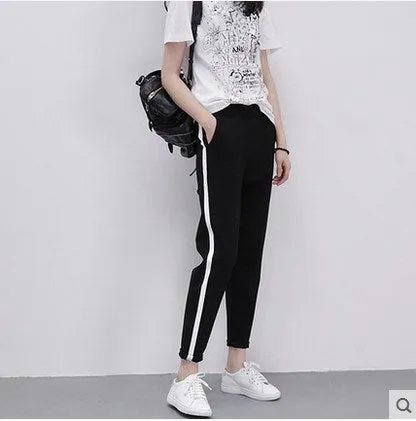 2017 Top Fashion Women Side Striped Harem Pants Women Black Casual High Waist Pants Drawstring Loose Trousers Pantalon Femme