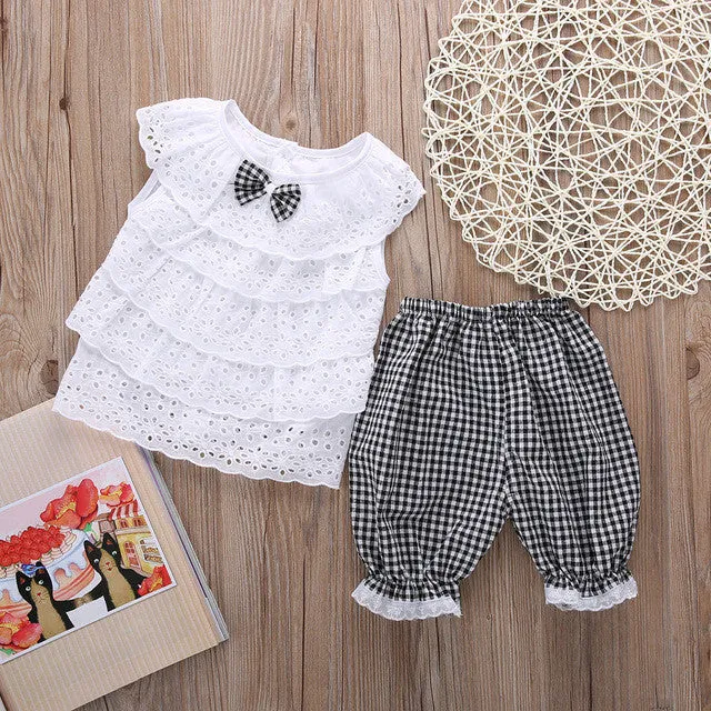 2PCS Toddler Kids Baby Girls Outfit Clothes Cute Lace Plaid Sets Sleeveless shirt Tops  short Pants Trousers Hot Sale