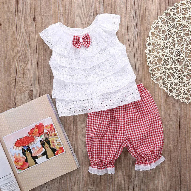 2PCS Toddler Kids Baby Girls Outfit Clothes Cute Lace Plaid Sets Sleeveless shirt Tops  short Pants Trousers Hot Sale