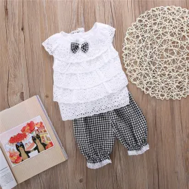 2PCS Toddler Kids Baby Girls Outfit Clothes Cute Lace Plaid Sets Sleeveless shirt Tops  short Pants Trousers Hot Sale