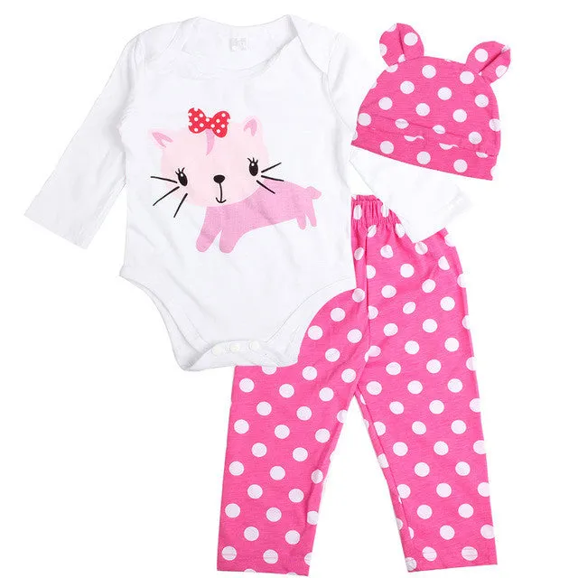 3pcs Newborn Baby Girl Clothes Long-sleeved Romper Hat Pants Sets Infant Animal Cartoon Winter Cotton Baby Boy Girl Clothing Set