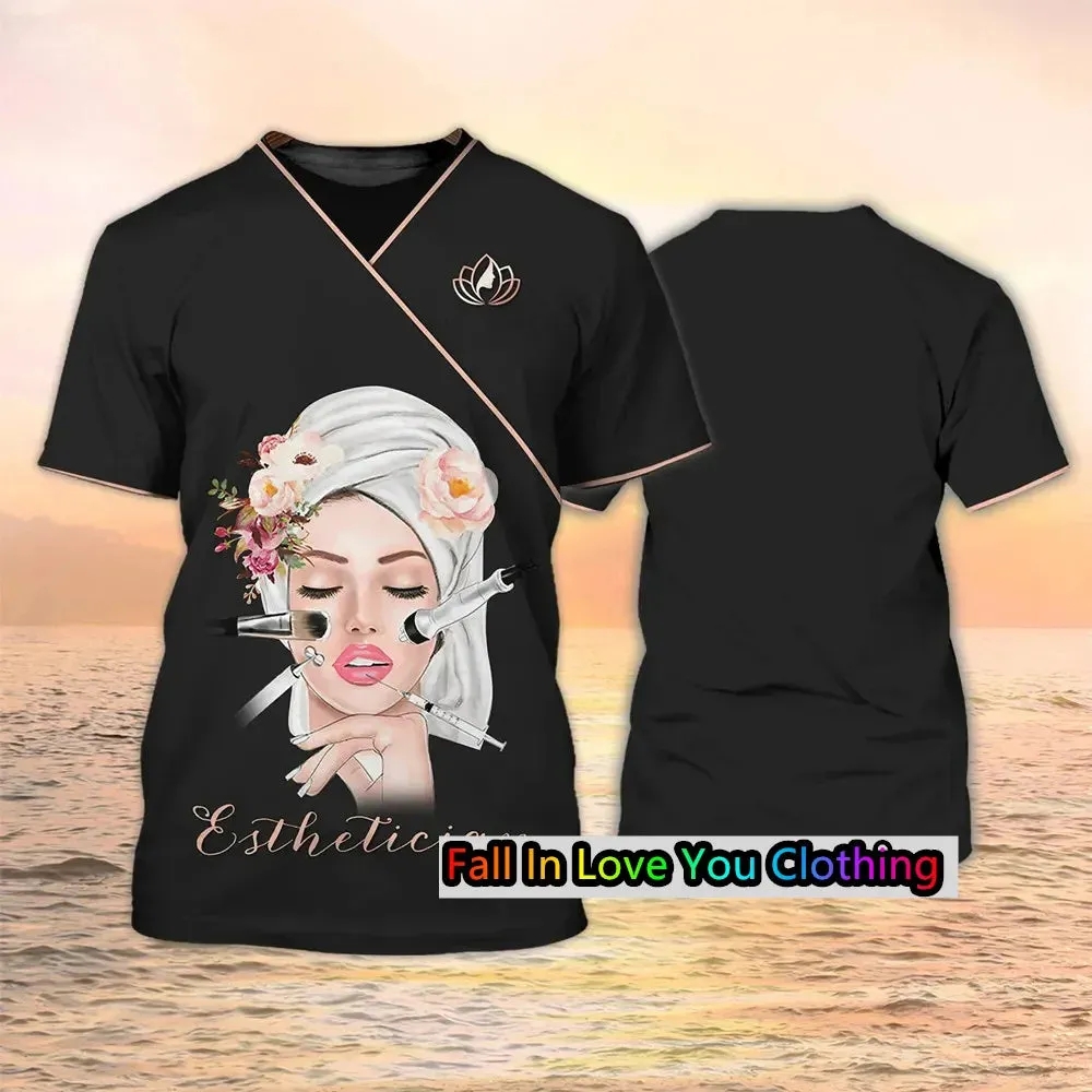 AL-25 T-shirt Beautician/makeup Artist Personalized 3D Printing Short-sleeved Casual Hair Salon Uniform Clothing