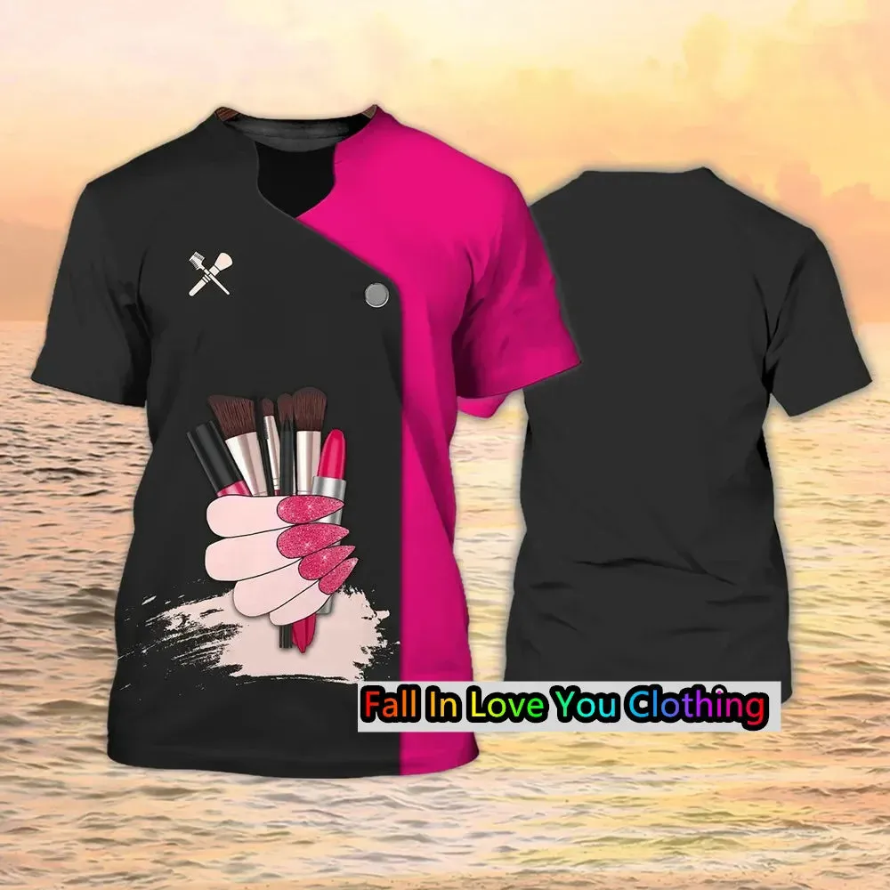 AL-25 T-shirt Beautician/makeup Artist Personalized 3D Printing Short-sleeved Casual Hair Salon Uniform Clothing