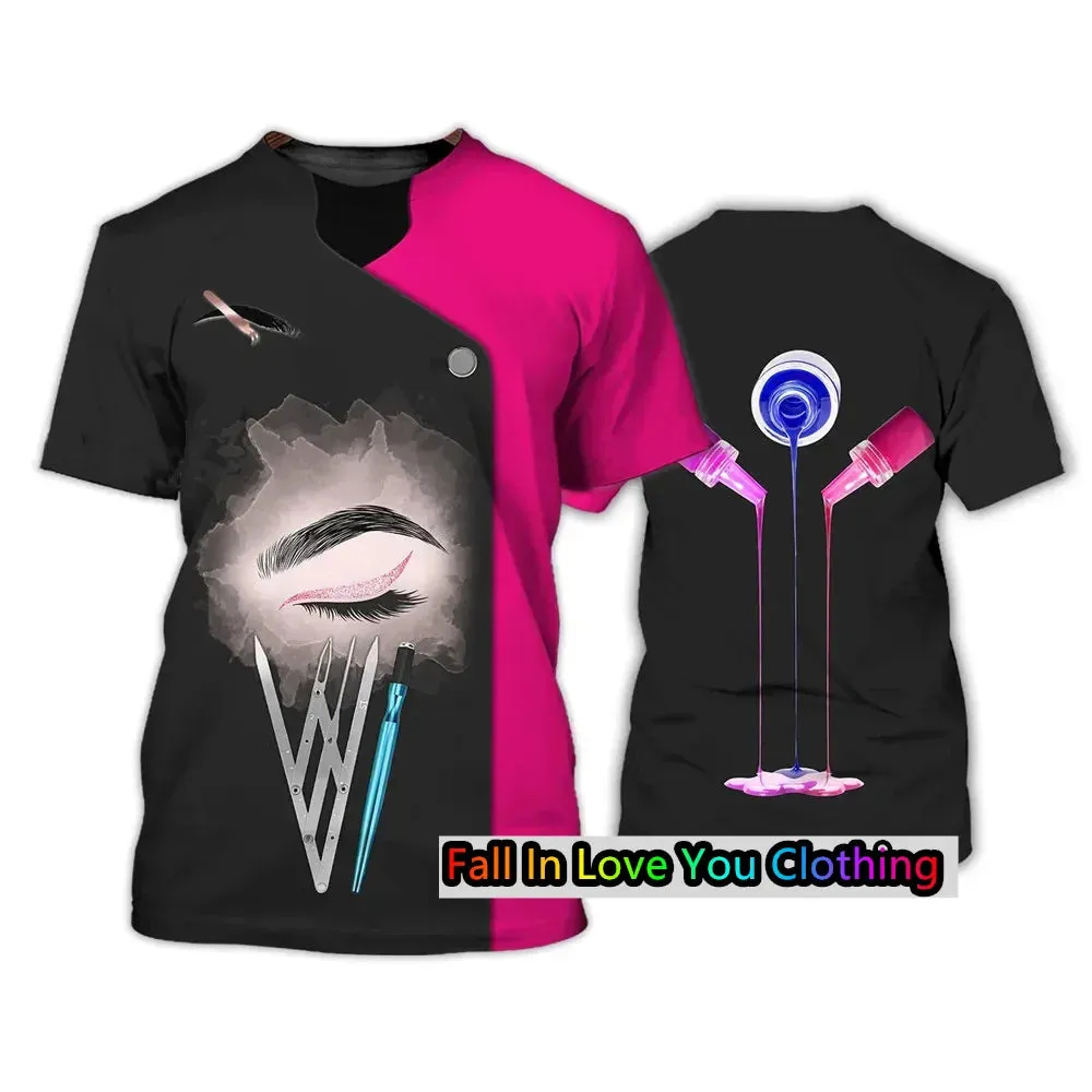 AL-25 T-shirt Beautician/makeup Artist Personalized 3D Printing Short-sleeved Casual Hair Salon Uniform Clothing