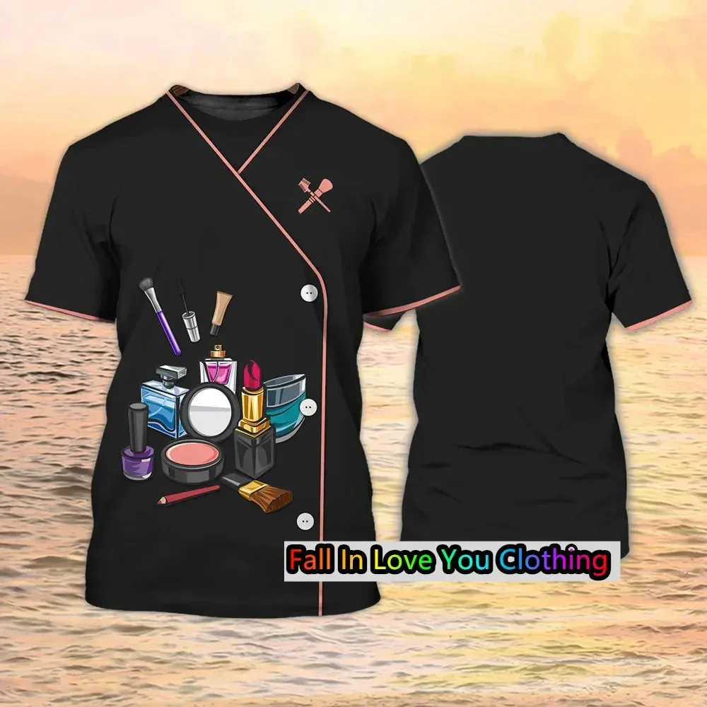 AL-25 T-shirt Beautician/makeup Artist Personalized 3D Printing Short-sleeved Casual Hair Salon Uniform Clothing