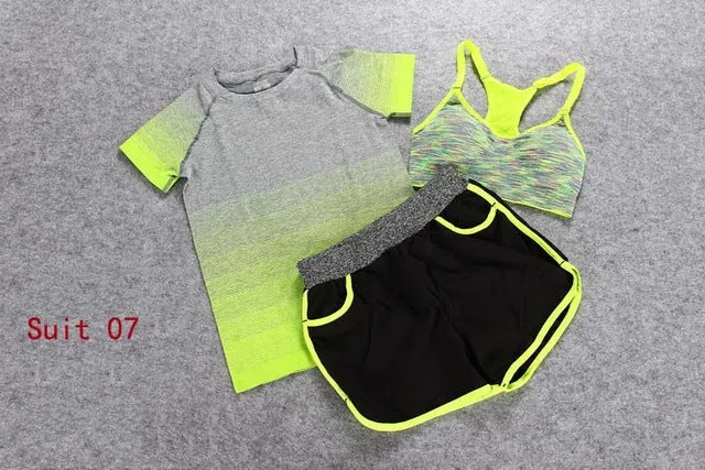 ALBREDA Women Yoga Sport Suit Bra Set 3 Piece Female Short-sleeves Summer Outdoor perspiration wicking Sportwear Running Clothes