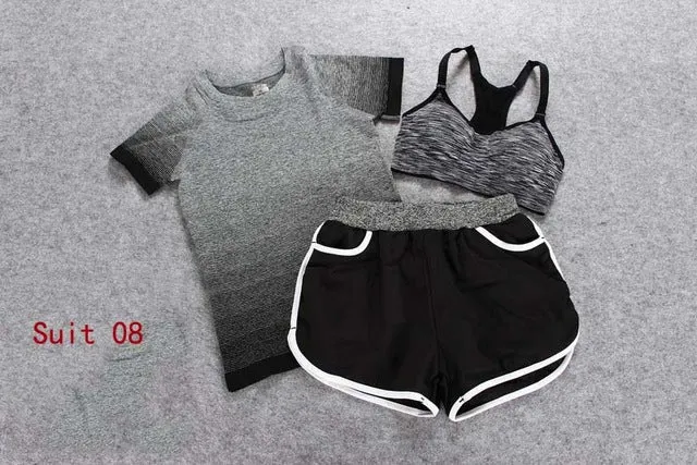 ALBREDA Women Yoga Sport Suit Bra Set 3 Piece Female Short-sleeves Summer Outdoor perspiration wicking Sportwear Running Clothes