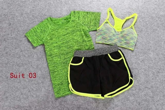 ALBREDA Women Yoga Sport Suit Bra Set 3 Piece Female Short-sleeves Summer Outdoor perspiration wicking Sportwear Running Clothes