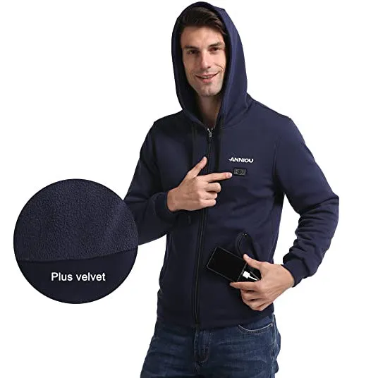 Anniou Men's Navy Heated Zip Up Hoodie