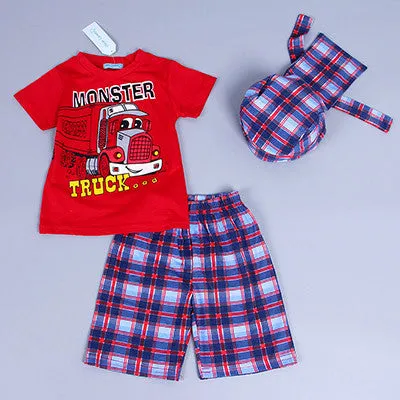 Bear Leader Active boys sets boy shorts Cartoon suits summer short sleeve T-shirt   plaid pants   hat 3 pieces clothing set