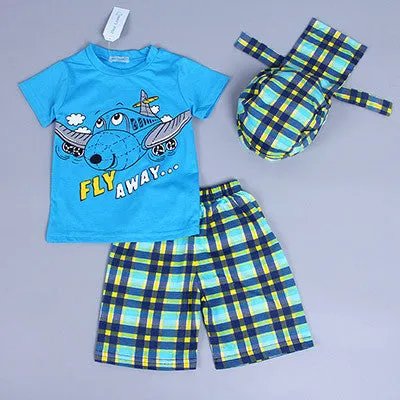 Bear Leader Active boys sets boy shorts Cartoon suits summer short sleeve T-shirt   plaid pants   hat 3 pieces clothing set