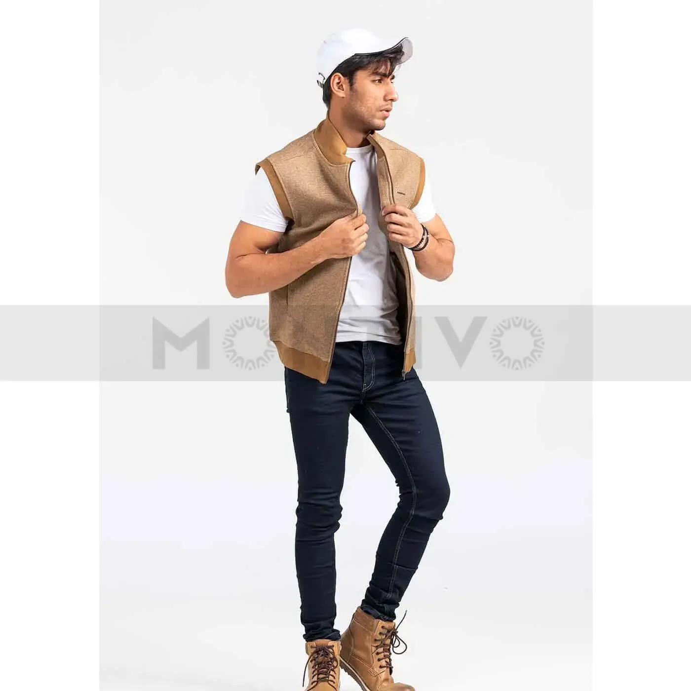 Beige Mock Neck Zipper Jacket