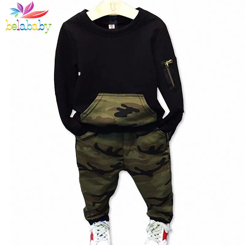 Belababy Boys Clothing Sets Baby Spring Sports Casual Long Sleeve Shirt Pants Kids 2PCS Camouflage Clothes Set For Boys