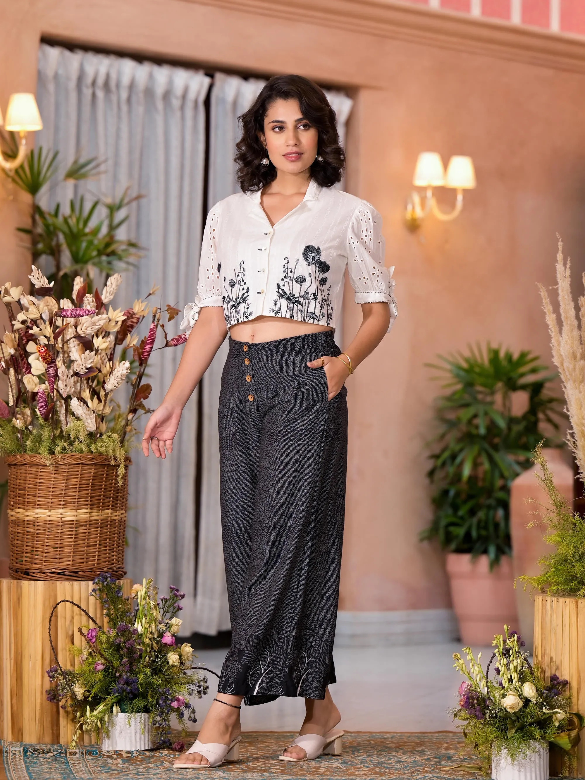 Black & White Thread Embroidered Cotton Shirt Style Crop Top & Pant Co-Ord Set With Buttons & Tie-ups