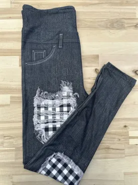 Black Denim Look Leggings w/Plaid Patches & Back Pockets - #8242-8244