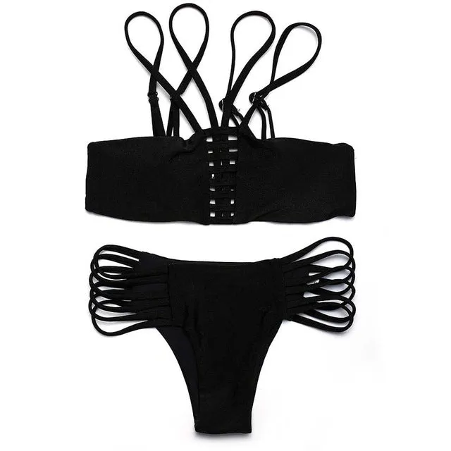 Black high waist swimsuit Sexy halter string strappy bikini 2017 swimwear women Bandage bathing suit bather maillot de bain