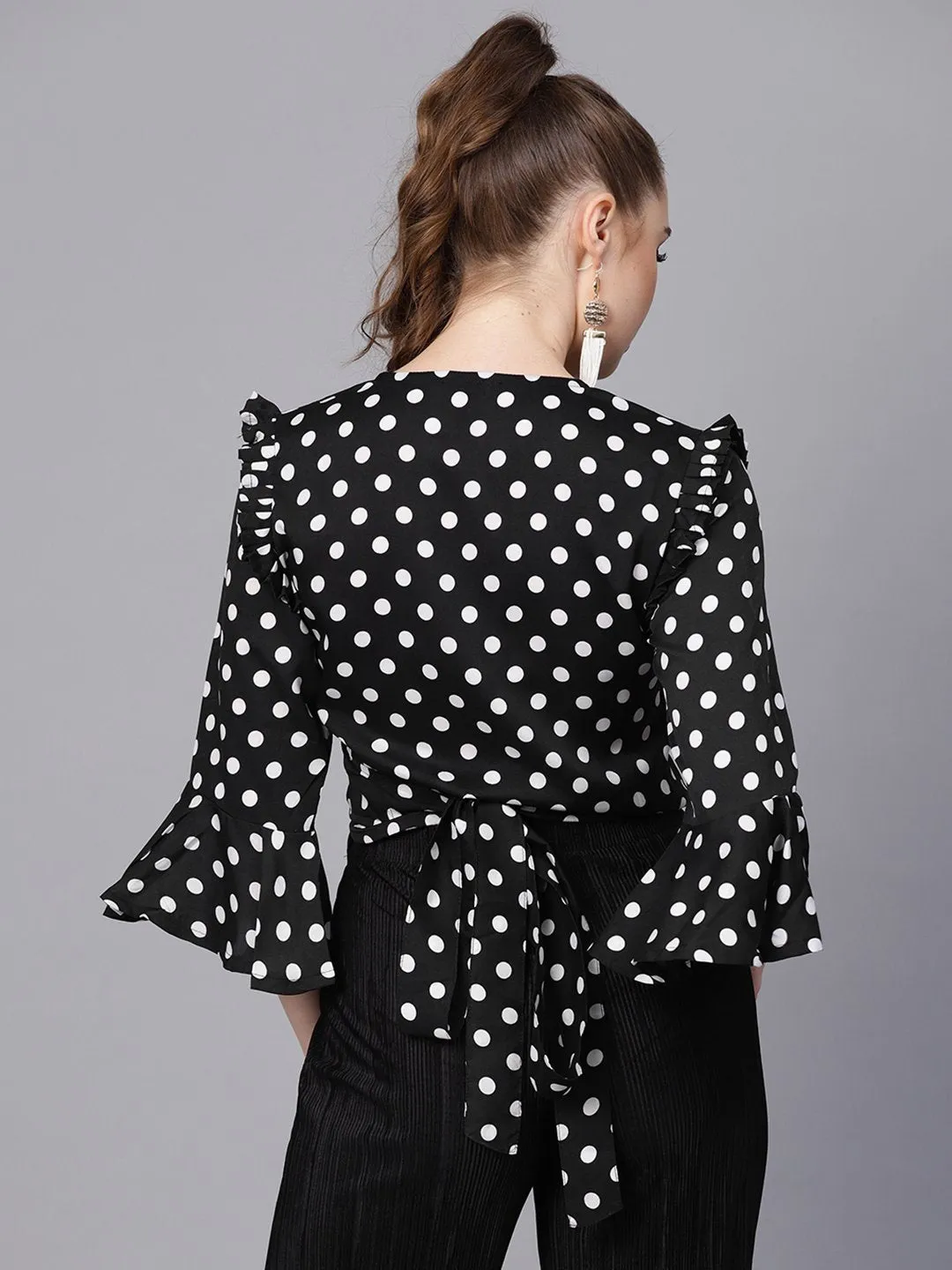 Black Polka Dots Top With Detailed Sleeves & V-Neck