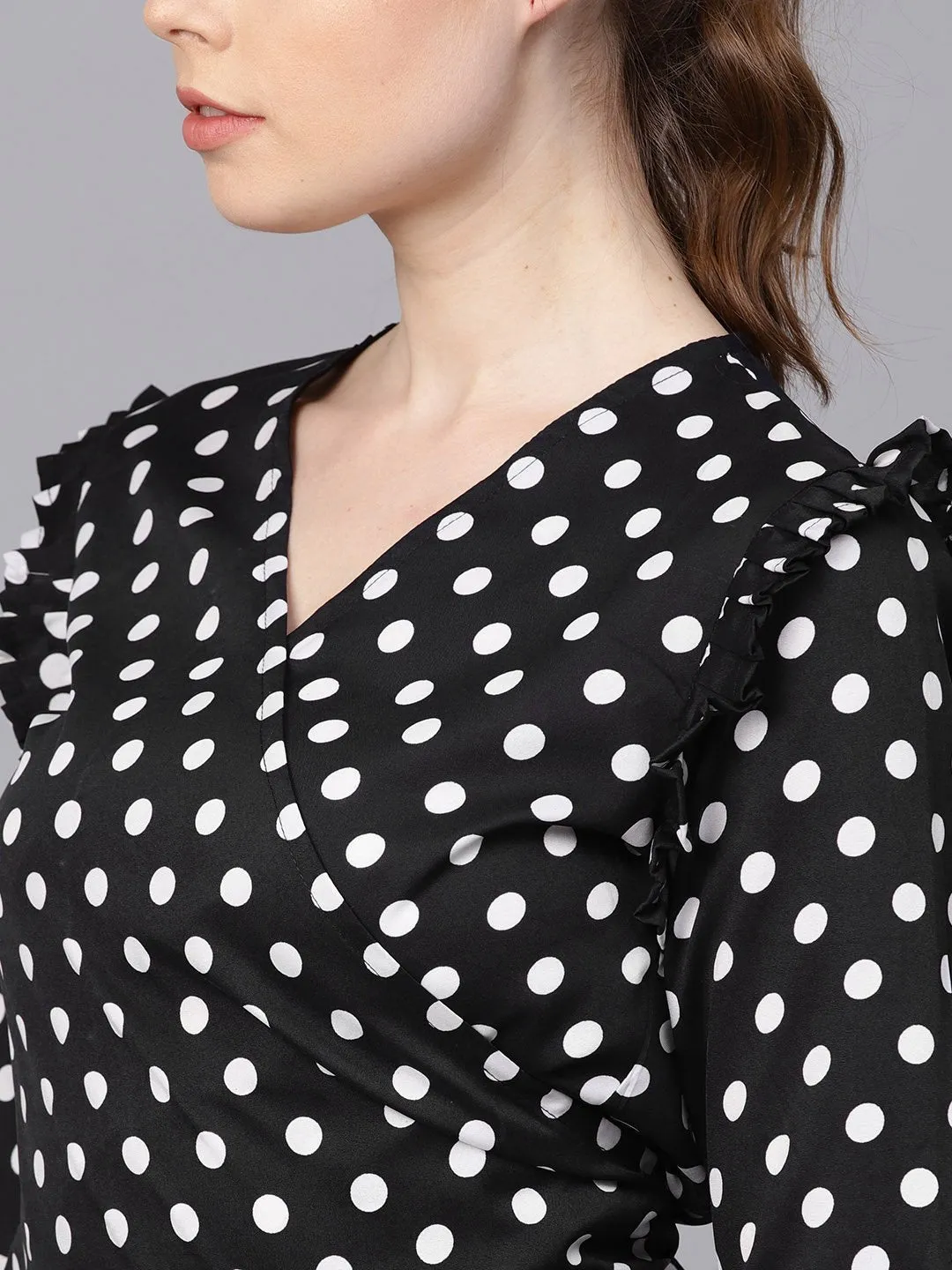 Black Polka Dots Top With Detailed Sleeves & V-Neck