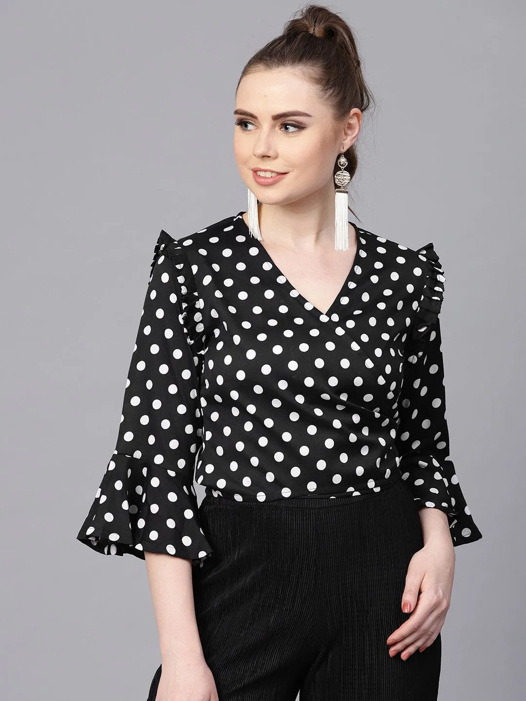 Black Polka Dots Top With Detailed Sleeves & V-Neck