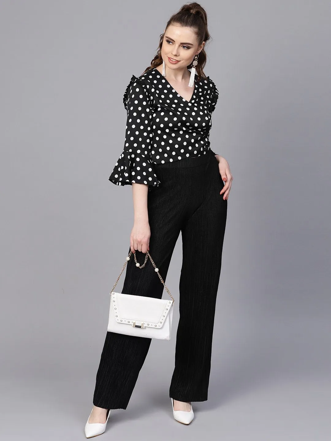 Black Polka Dots Top With Detailed Sleeves & V-Neck