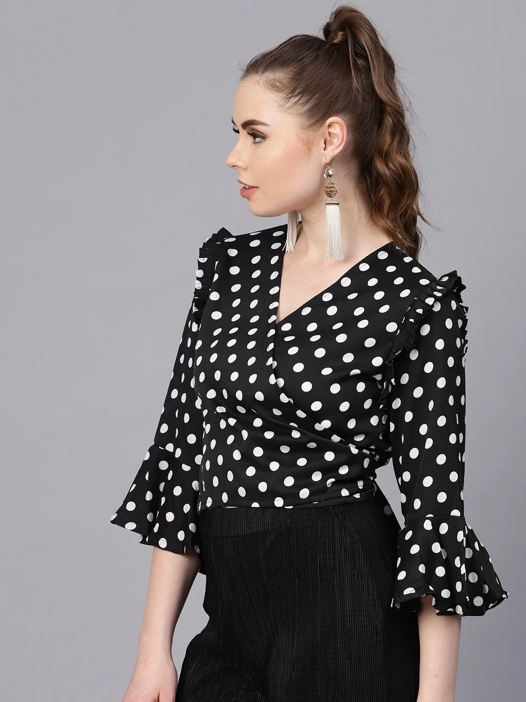 Black Polka Dots Top With Detailed Sleeves & V-Neck