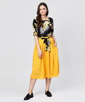 Black Printed Half Sleeve Tops With Yellow Calf Length Skirt With Belt