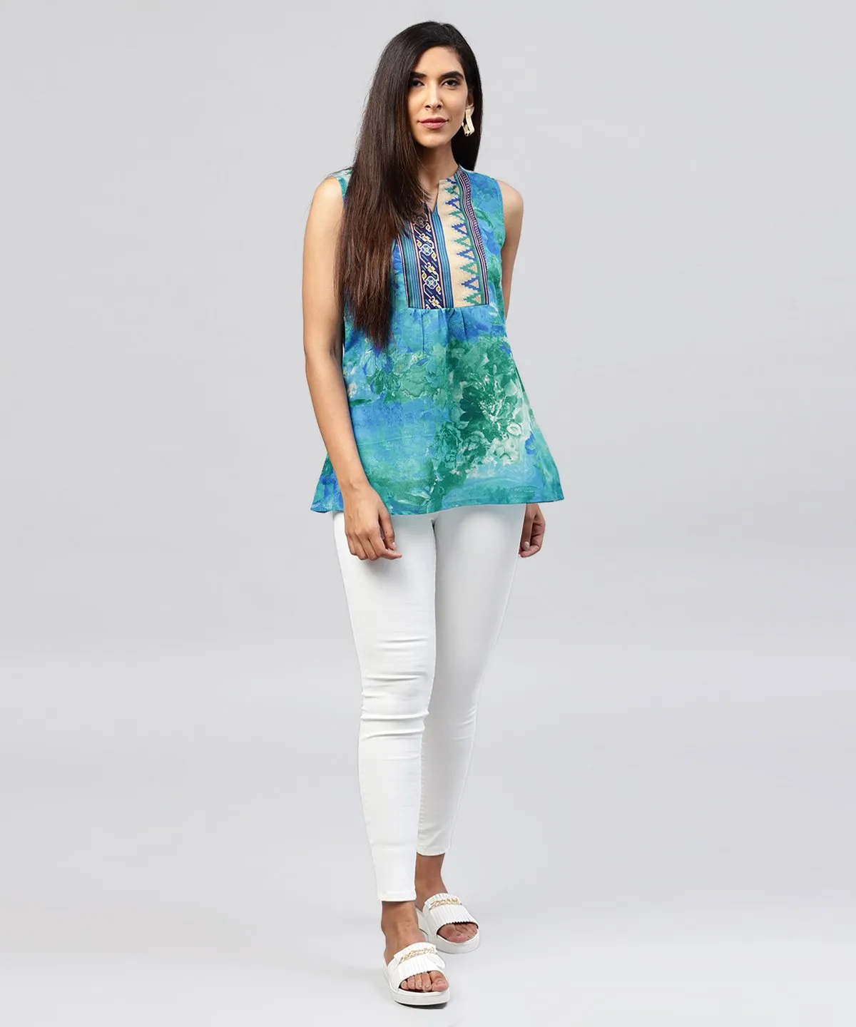 Blue Banglori Printed Sleeveless Tops