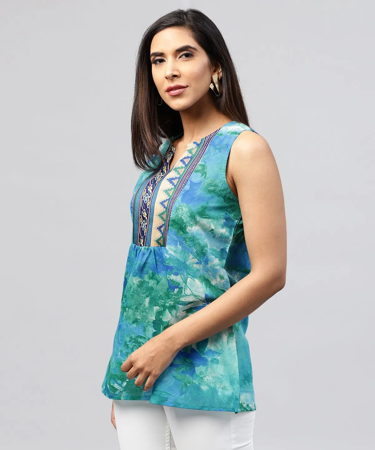 Blue Banglori Printed Sleeveless Tops