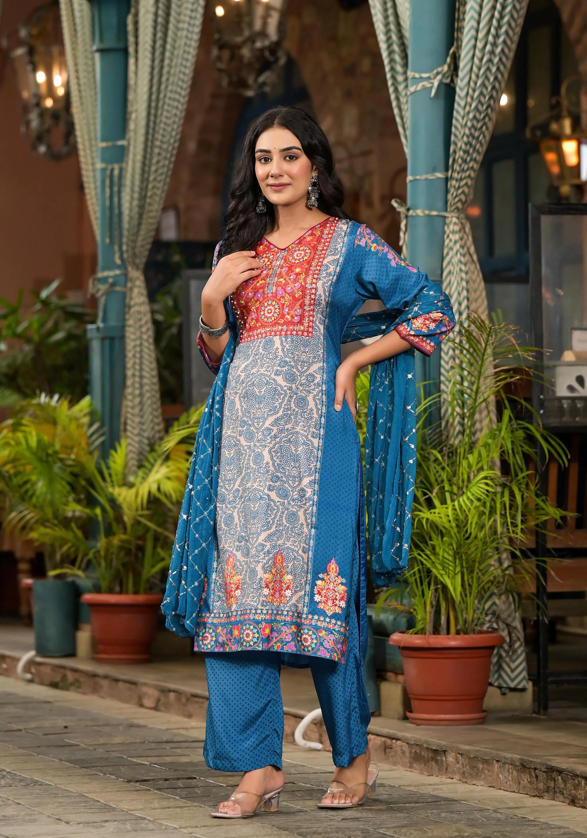 Blue Floral Printed Viscose Kurta Pant And Dupatta Set With Sequins