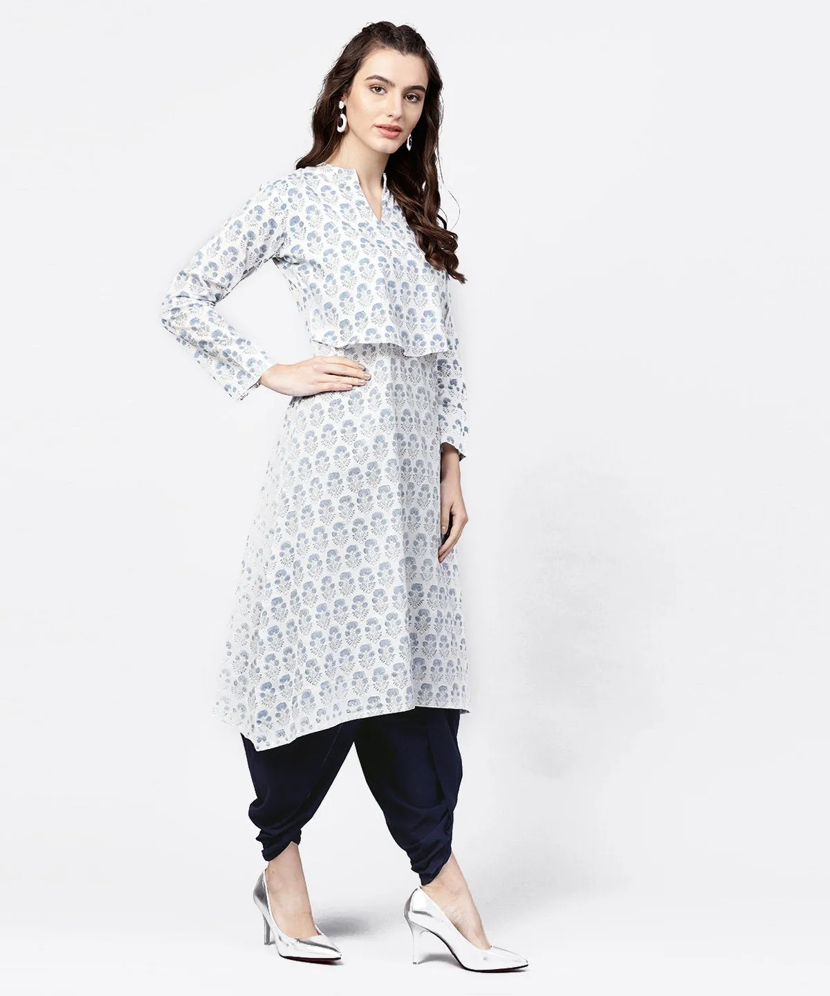 Blue Printed 3/4Th Sleeve A-Line Cotton Kurta With Solid Dye Dhoti Pant Set