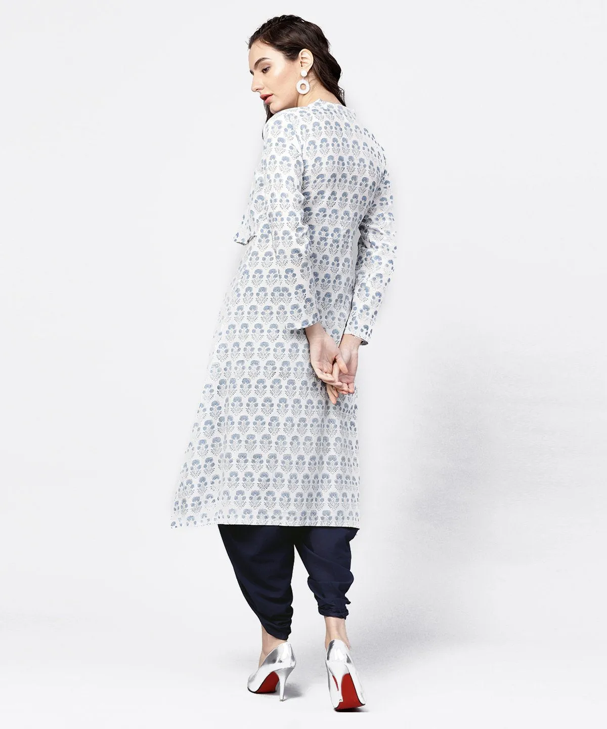 Blue Printed 3/4Th Sleeve A-Line Cotton Kurta With Solid Dye Dhoti Pant Set