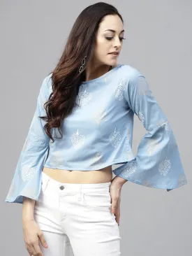 Blue Printed Crop Top With Round Neck And 3/4 Sleeves