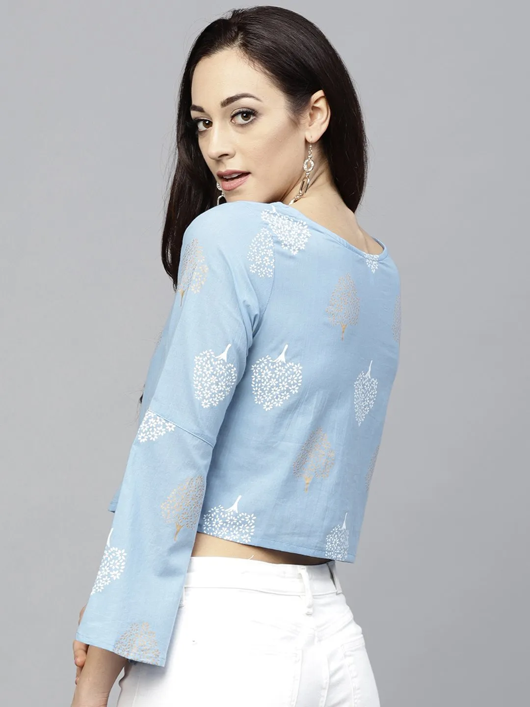 Blue Printed Crop Top With Round Neck And 3/4 Sleeves