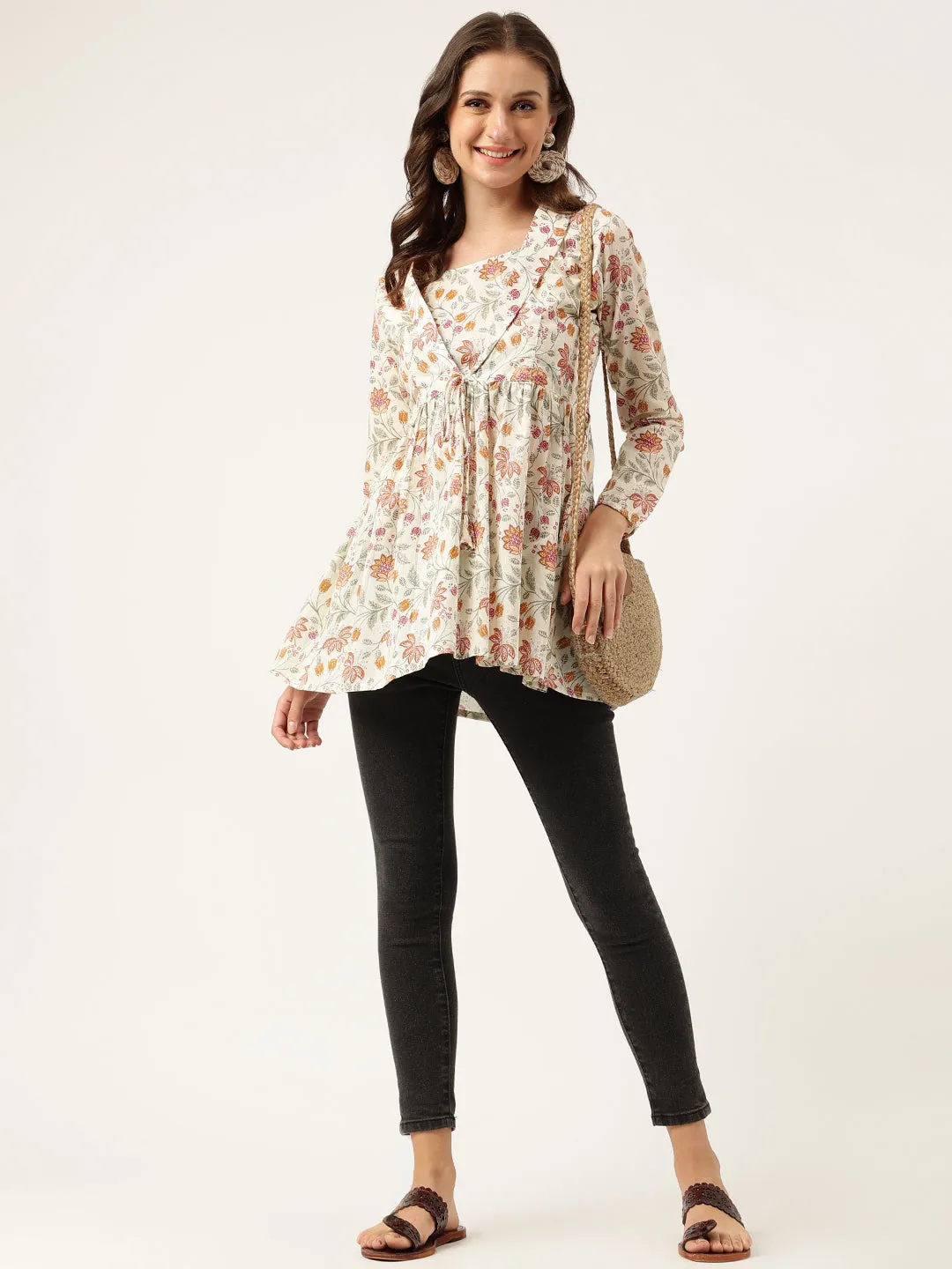 Brown Floral Printed Empire Cotton Tops