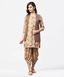 Brown Printed 3/4Th Sleeve Cotton Kurta With Ankle Length Dhoti & Grey Printed Open Jacket