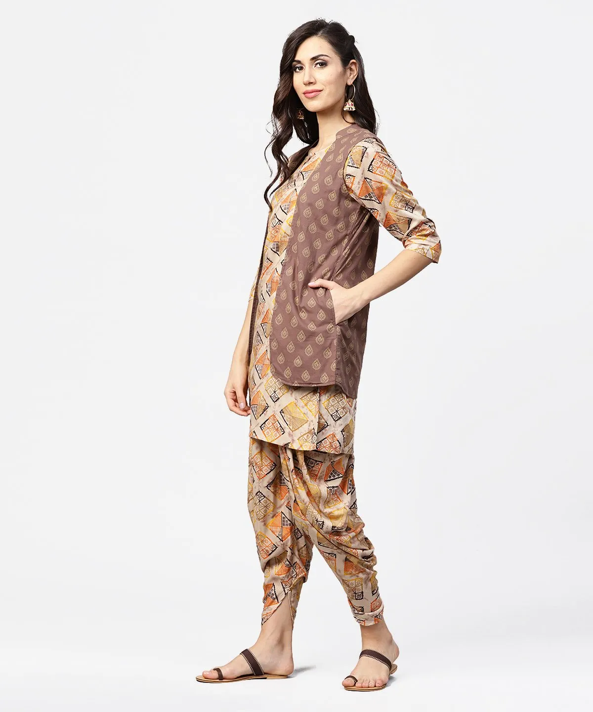 Brown Printed 3/4Th Sleeve Cotton Kurta With Ankle Length Dhoti & Grey Printed Open Jacket