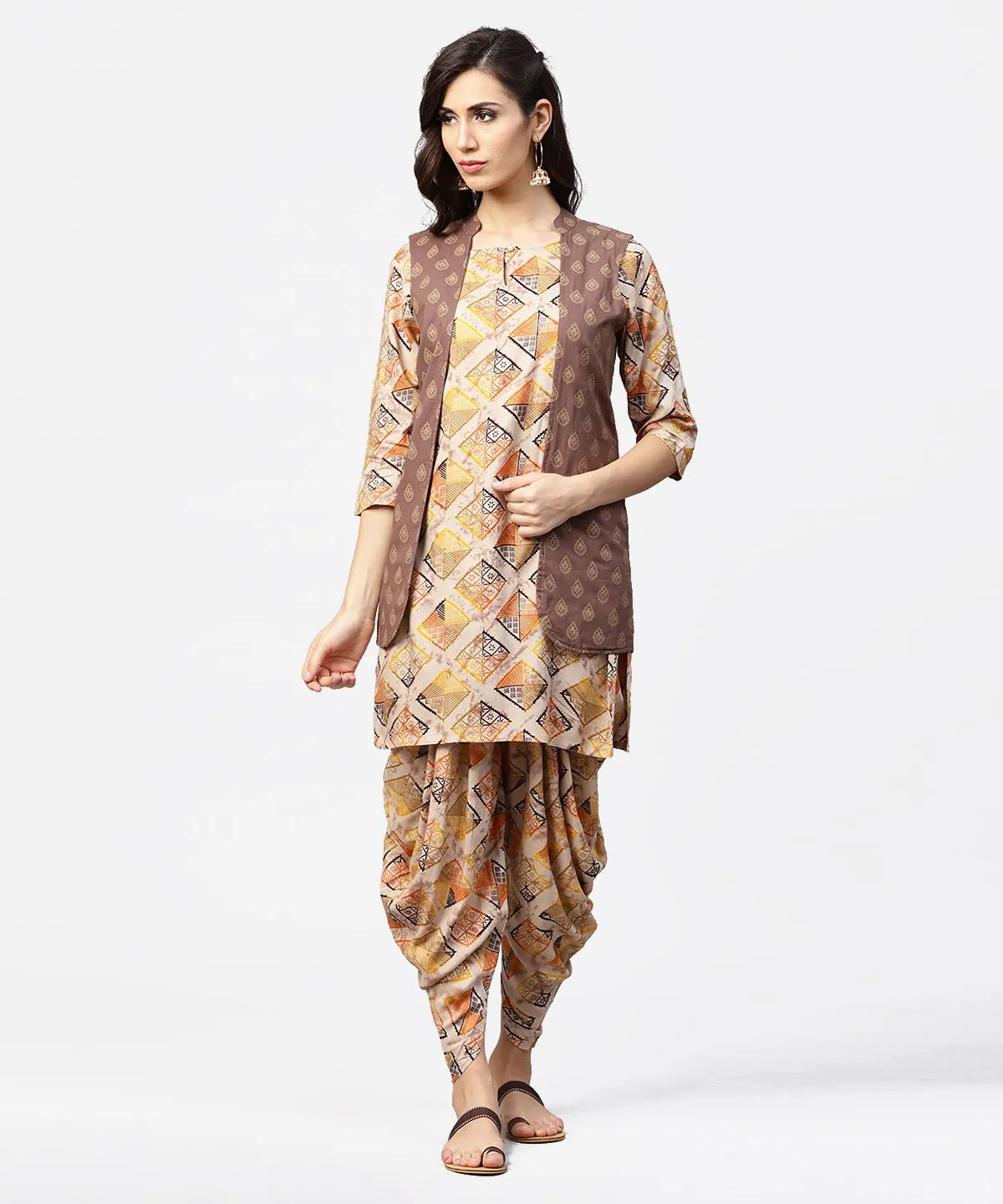 Brown Printed 3/4Th Sleeve Cotton Kurta With Ankle Length Dhoti & Grey Printed Open Jacket