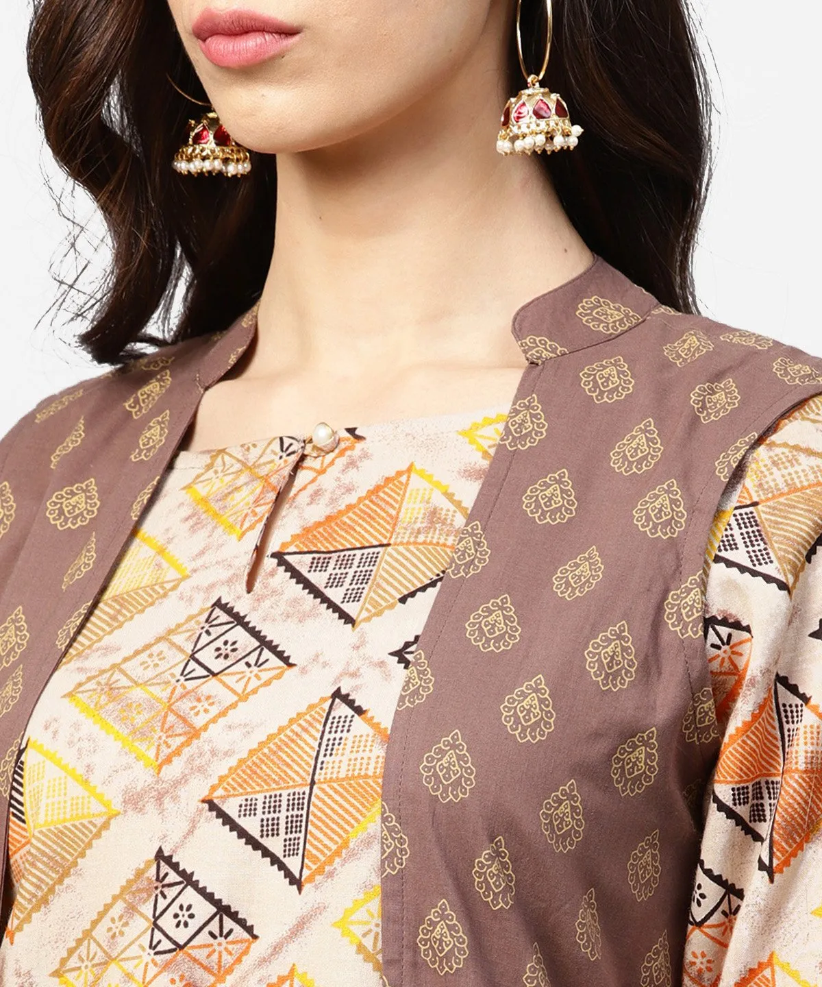 Brown Printed 3/4Th Sleeve Cotton Kurta With Ankle Length Dhoti & Grey Printed Open Jacket