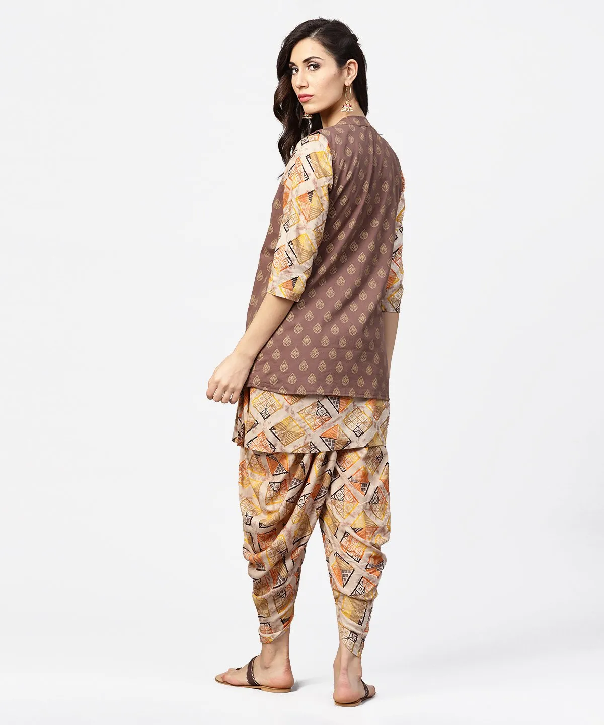 Brown Printed 3/4Th Sleeve Cotton Kurta With Ankle Length Dhoti & Grey Printed Open Jacket