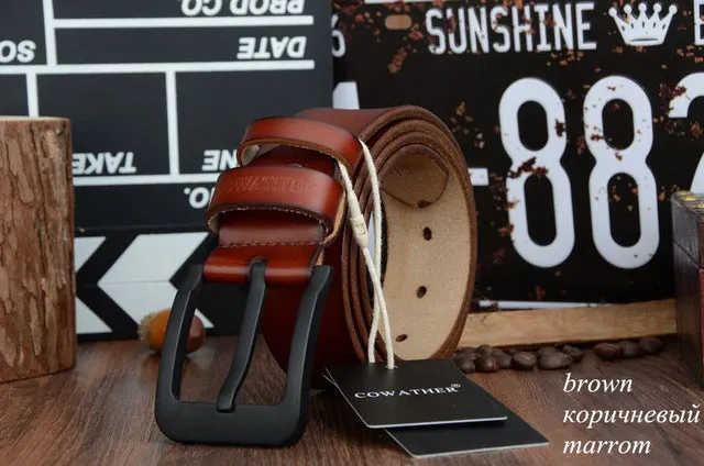 COWATHER male belt for mens high quality cow genuine leather belts 2017 hot sale strap fashion new jeans Black Buckle XF010