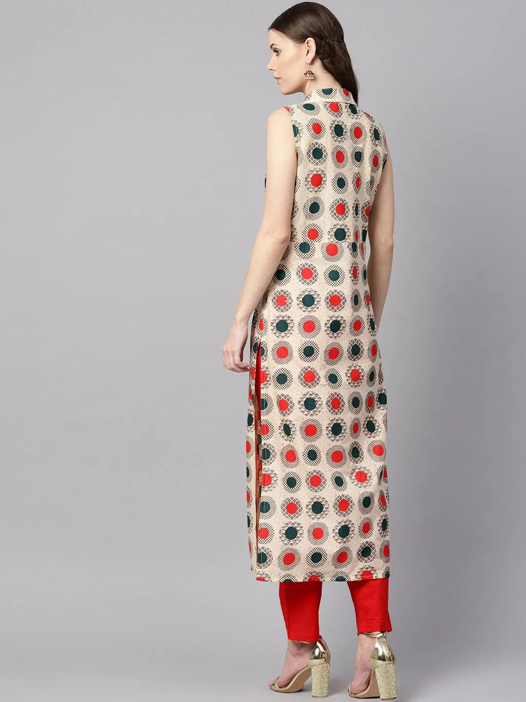 Cream Geometric Printed Straight Kurta With Solid Red Pants