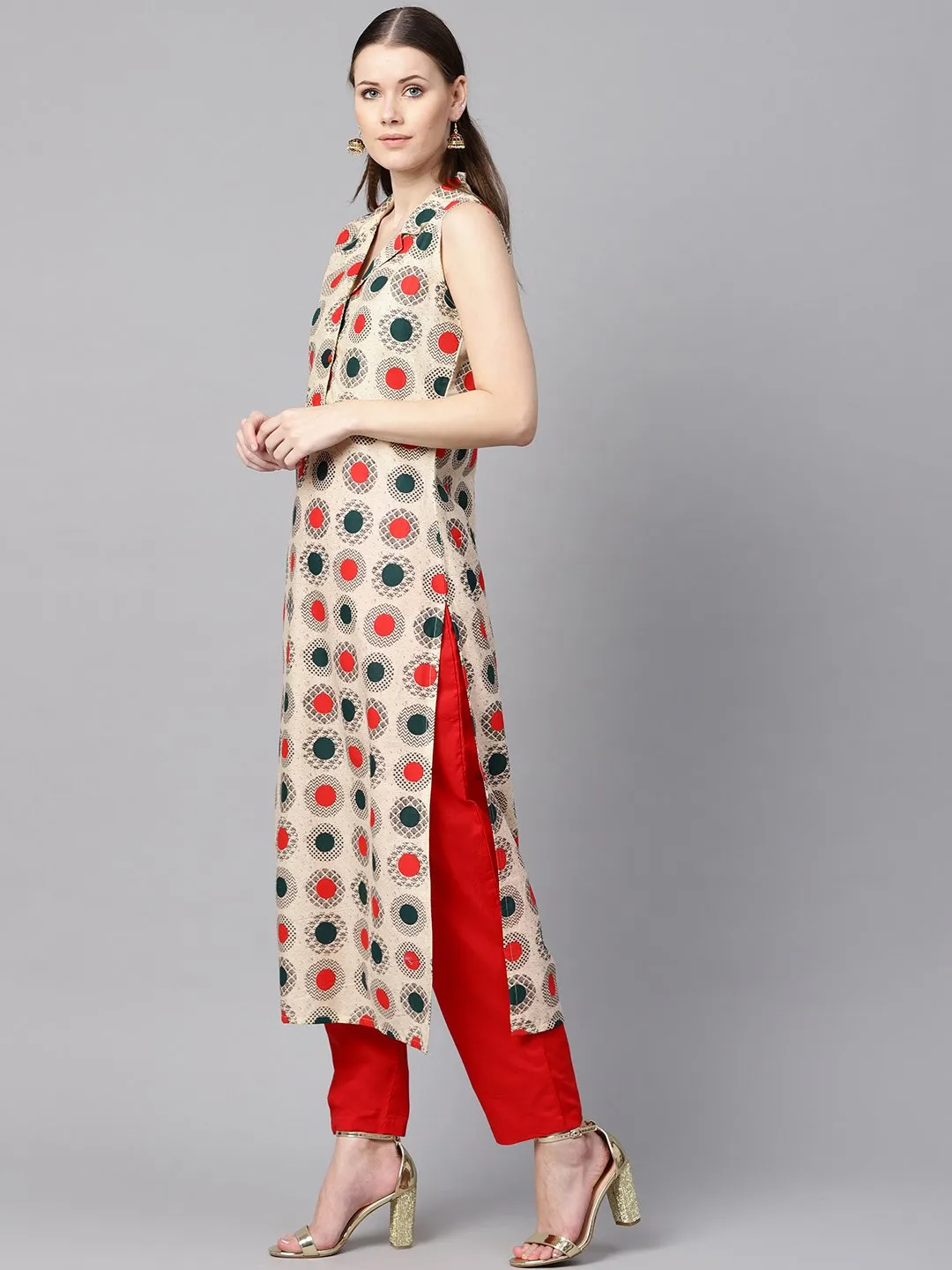 Cream Geometric Printed Straight Kurta With Solid Red Pants