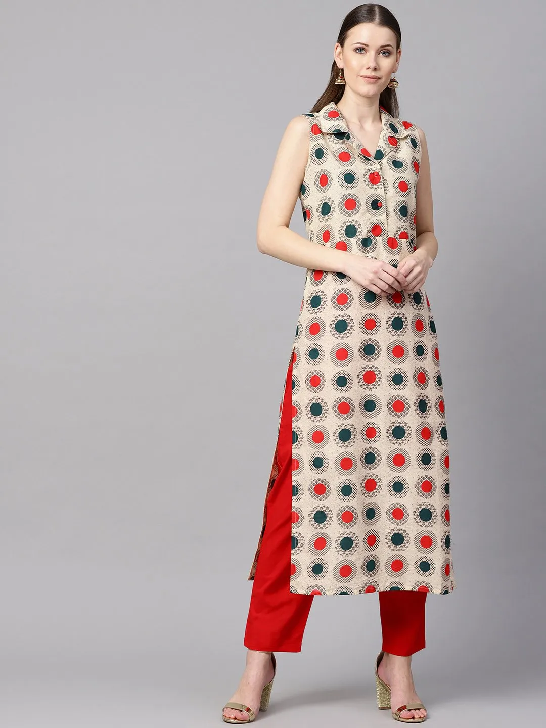 Cream Geometric Printed Straight Kurta With Solid Red Pants