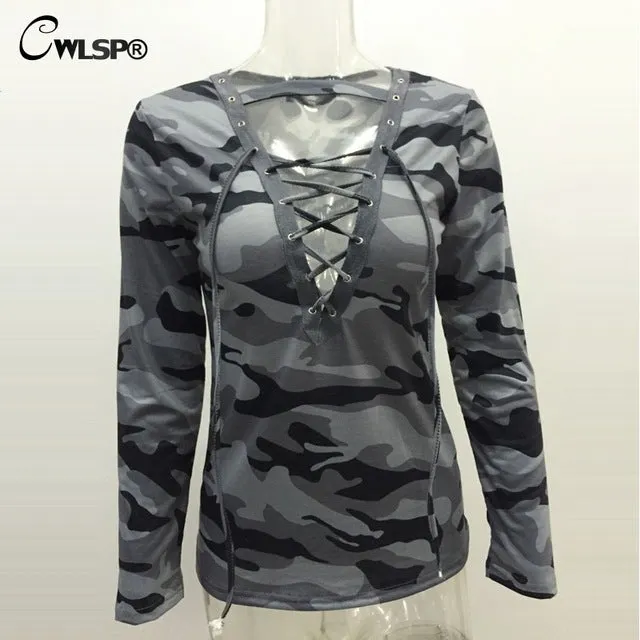 CWLSP 2017 Camouflage Fashion Women harajuku Sweatshirt Cross Tied Up Hoodies Pullover Long Sleeve womens hoodies QA1554