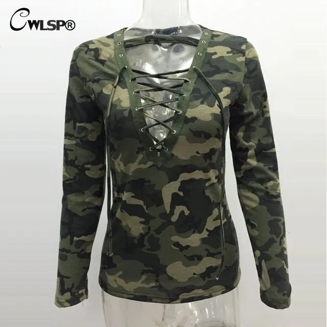 CWLSP 2017 Camouflage Fashion Women harajuku Sweatshirt Cross Tied Up Hoodies Pullover Long Sleeve womens hoodies QA1554